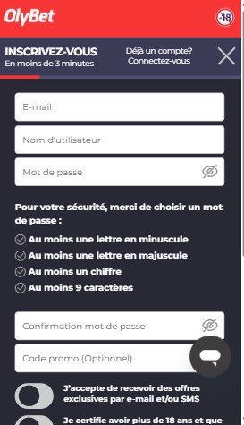 Inscription Olybet mobile