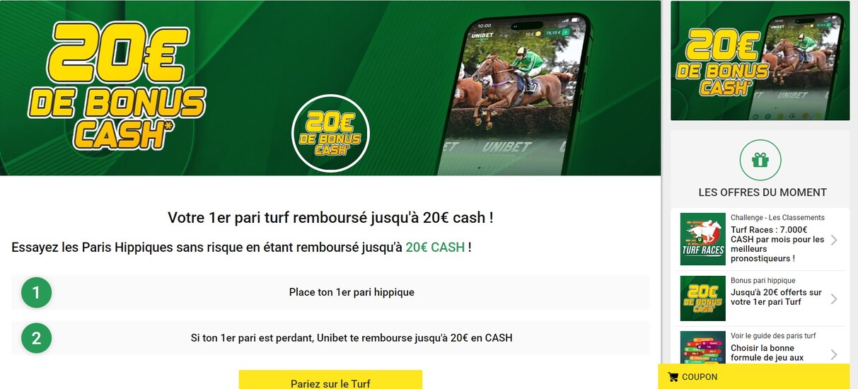 20€ bonus cash unibet France