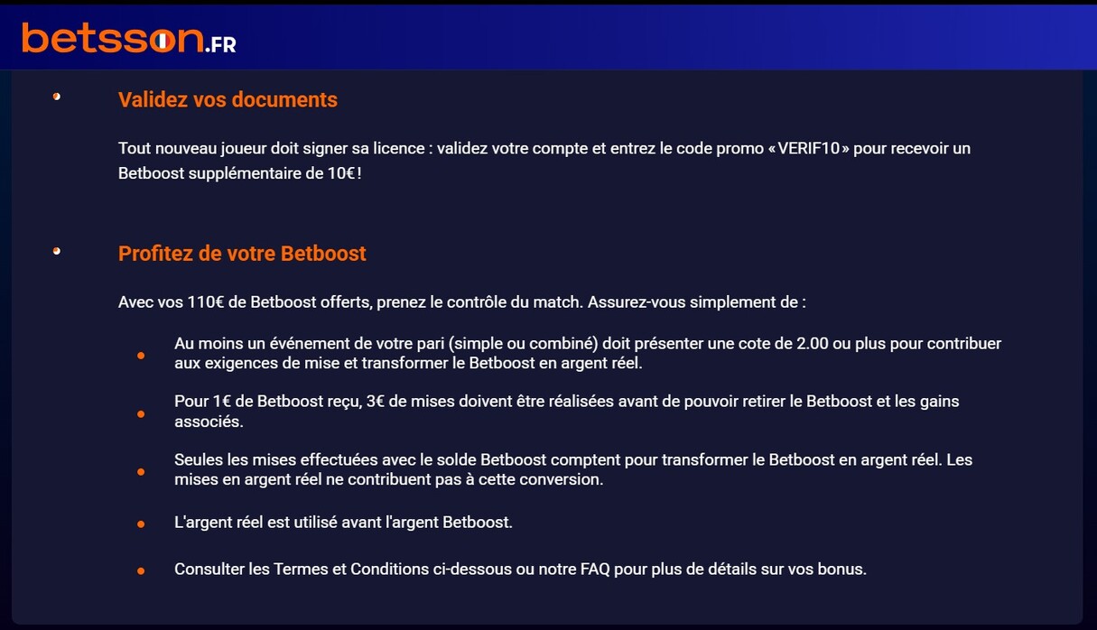 Conditions Bonus 10⏠Betsson France