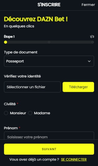 DAZNBet Sports France Registration version mobile